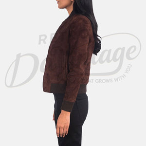 Women Chocolate Brown Genuine Suede <b>Leather</b> Bomber <b>Jacket</b> Slim Fit Premium Goat Suede Casual Winter Outerwear Fashionable Coat - Product Image 5