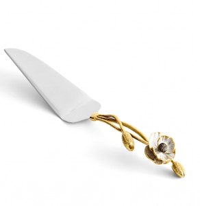 Beautiful White Flower Design Handle Gold Brass Silver Head Cake Server For Gifting Festive Occasion And Elegant Dessert Serving - Product Image 1