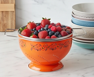 Finest Orange Enamel Colander With Floral Design Stainless Steel Handles Durable Kitchen Strainer For <b>Vegetables</b> And Fruits - Product Image 4