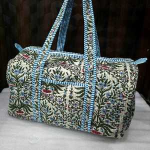 Cotton Quilted Duffle Shoulder Travel Bag with Two Handles Floral Kantha Design Open Closure Shopping Bag - Product Image 4