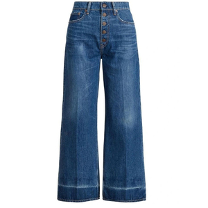 Jean décontracté bleu délavé coupe droite ample et élégant pour femme, en denim, avec boutons, en vente, service OEM, prix abordable - Product Image 1