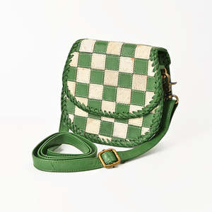 Green Checkered Crochet Design Hair On Leather Shoulder Bag Women Bohemian Crossbody Sling <b>Purse</b> - Product Image 3