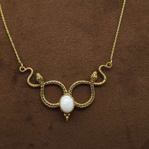 Collier Serpent avec Turquoise et Pierre de Lune, Pendentif Double Serpent Doré, Style Bohème Céleste Égyptien, Cadeau - Product Image 3