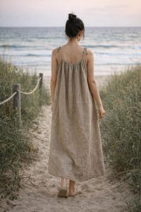 Robe longue décontractée d'été pour femme en lin écologique, col en V, sans manches, à nouer, coupe trapèze, ajustement régulier, fluide, pour la plage - Product Image 3