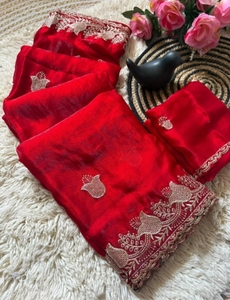 KV Women's Embroidered Bollywood Satin <b>Saree</b> (<b>Red</b>) - Product Image 2