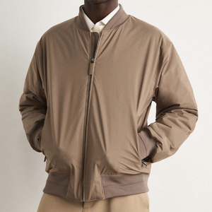 Men's Beige Bomber <b>Jacket</b> Solid Color Stand Collar Zipper Closure Casual Autumn Wear Regular Fit Polyester Canvas Material - Product Image 5