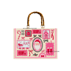 กระเป๋าโท้ทปักลายคริสต์มาสสีชมพู พร้อมลายซานต้า ตุ๊กตาหิมะ ต้นไม้ หูหิ้วไม้ไผ่ ดีไซน์ทันสมัย กระเป๋าช้อปปิ้งฤดูหนาว ออกแบบได้ตามต้องการ - Product Image 2