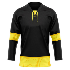 Custom <b>Men's</b> Ice Hockey Jersey Yellow <b>Black</b> Mesh Three Quarter Sleeve V-Neck <b>Tie</b> Closure Breathable Sportswear - Product Image 2