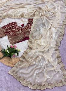Sari indio de satén suave con bordado de lentejuelas, diseño exclusivo de Bollywood, ropa étnica, sari para bodas y fiestas para mujeres en EE. UU. - Product Image 6