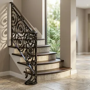 Luxury Black Wrought Iron Stair Railing Ornate Scroll Design Curved <b>Steps</b> Elegant Modern Balcony Home Interior Decor Rust - Product Image 4