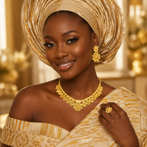 African Nigerian Bridal Style Flower Pattern Gold Plated Box <b>Chain</b> Charm Necklace Set for Women Classic Wedding Engagement Party - Product Image 2