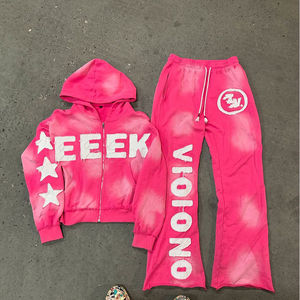 Conjunto Deportivo Casual Unisex Personalizado con Sudadera Holgada con Capucha y Pantalones de Felpa, con Lavado Ácido, Estampado, Efecto Desgastado por el Sol y Bordado - Product Image 3