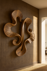 Sculpture murale en bois artisanale pour le salon, art mural en bois organique avec fluidité sculpturale - Product Image 2