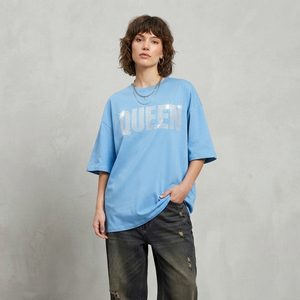 Camiseta Oversize de Mujer con Pedrería, Cuello Redondo, Ajuste Holgado, Manga Corta, Hombro Caído, Estilo Urbano - Product Image 1