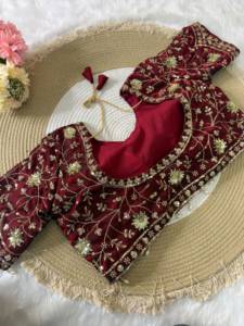 Blouse brodée contrastée pour mariage, fête, tenue de soirée, sari traditionnel de luxe en satin élégant avec fils et paillettes - Product Image 3
