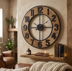 Grande horloge murale rustique style ferme – Bois et métal noir, décoration industrielle bohème pour salon - Product Image 1