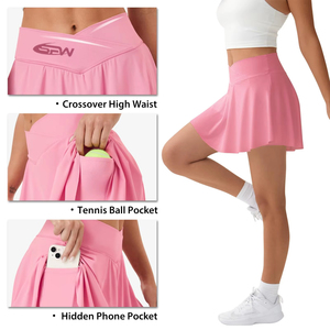 Pink Women's Sporty Asymmetrical Mini <b>Skirt</b> With Pocket Breathable <b>Elastic</b> Waistline Summer Wear - Product Image 4
