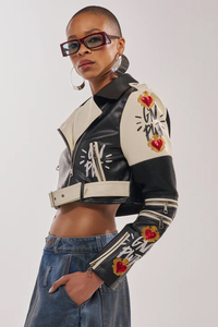 PU Leather Moto <b>Jacket</b> With Embroidery <b>Patchwork</b> Design Turn-down Collar Belt Closure Short Length Unisex Autumn Style - Product Image 6