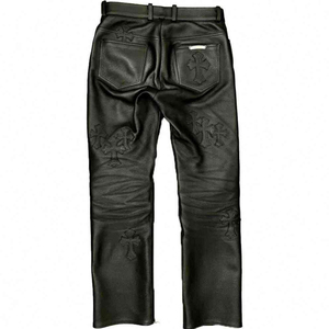 Pantalon en cuir véritable de haute qualité pour homme, couleur unie, style streetwear, personnalisable avec logo, idéal pour les motards et le quotidien. - Product Image 2