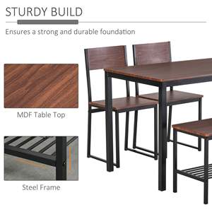Ensemble de salle à manger industrielle en bois rustique brun et noir de 4 pièces comprenant un banc de table et des chaises et un support de rangement pour la salle à manger - Product Image 5