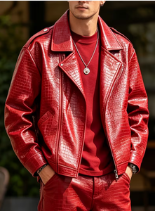 <b>Men</b> <b>s</b> Red PU Leather <b>Jacket</b> Moto <b>Biker</b> Style Turn-down Collar Zipper Front Embossed Crocodile Pattern Autumn Outerwear Luxury - Product Image 5