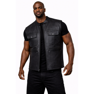 Gilet de moto en cuir de vachette pour homme, sans manches, style motard, avec poches utilitaires, pour club de motards - Product Image 1