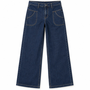 Jean en denim à jambe large pour femme, taille mi-haute, poches utilitaires incurvées, indigo foncé - Product Image 1