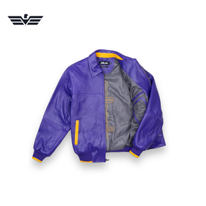 EMPIRE TREND WEARS Unisex <b>Purple</b> PU <b>Varsity</b> Bomber <b>Jacket</b> Windproof Embroidered Logo Zipper Closure Stand Collar Casual Winter - Product Image 4