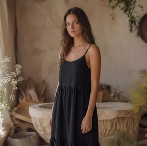 Vestido midi negro con tirantes finos para mujer, sin mangas, corte holgado, informal, para uso diario, traje elegante - Product Image 3