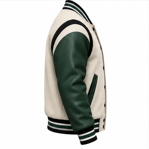 Blouson Bomber Letterman en Gros Direct Usine – Corps Crème Blanc Cassé, Manches en Cuir Vert Forêt, Boutons Pression Noirs – OEM - Product Image 3