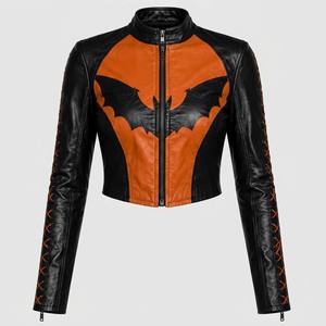 Chaqueta de Moto de Cuero Genuino Negro y Naranja de INLAND INDUSTRIES, Cierre de Cremallera, Cuello Alto, Mangas Cruzadas, Corte Corto - Product Image 1