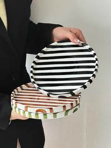 Round <b>Ceramic</b> <b>Plate</b> With Blue Stripes Handpainted Flat Dish Modern Design - Product Image 5