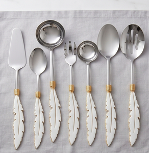 Ensemble de couverts à manche en plumes, acier inoxydable finition miroir, manches en céramique, design glamour, passe au lave-vaisselle, ustensiles de service pour mariage - Product Image 1