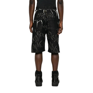 Shorts en jean pour homme personnalisés, noirs, brodés flamme, respirants, délavés légers, taille mi-haute, patchwork, coupe large, streetwear, à bords bruts - Product Image 2