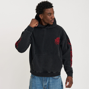 Sweat-shirt à capuche surdimensionné pour homme en coton/polyester, style streetwear, imprimé floral rouge brodé au dos, effet délavé à l'acide - Product Image 2