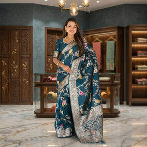 Sari de Seda Banarasi Color Verde Azulado con Tejido Zari, Diseño Meenakari, Pallu Largo, Ropa Tradicional India para Bodas - Product Image 4