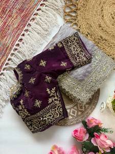 Sari de satén Fandy de diseñador con bordado C Pallu, adorno de lentejuelas y borde con trabajo de corte, y blusa de satén Fandy completamente cosida. - Product Image 3