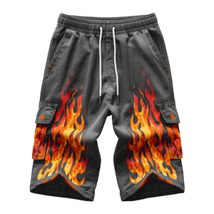 Shorts en coton lavé pour hommes, imprimé flamme tribale - Product Image 1