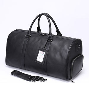 Bolsa de lona de cuero genuino, color negro sólido, de lujo, para viajes de fin de semana, con correa desmontable y soporte para identificación, para hombres y mujeres - Product Image 6