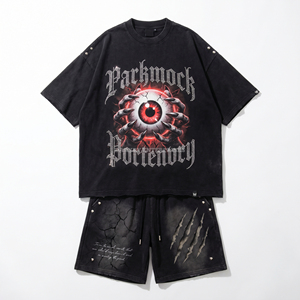 Conjunto de Camiseta y Pantalones Cortos Estilo Punk para Hombre Parkmock, Estampado Gráfico de Ojo Negro, Cuello Redondo, Ropa Urbana de Verano - Product Image 1