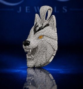 Collier Hip-Hop pour Homme avec Pendentif Tête de Loup Sertie de Zircons Cubiques Plaqué Rhodium - Product Image 3