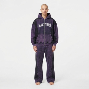 Conjunto de Sudadera con Capucha Morada y Negra con Efecto Ácido y Pantalones de Pierna Ancha para Hombre, Estilo Urbano con Bloques de Color, Ropa Casual Personalizada - Product Image 4