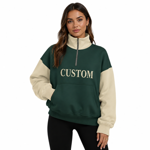 Custom Women Quarter Zip Color <b>Block</b> Sweatshirts Premium Fleece Stand Collar Casual Pullover Private Label Hoodies Manufacturer - Product Image 1