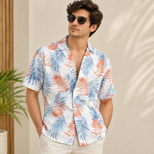 Camisa Breezy para Hombre con Cuello Camp Collar, 100% Algodón Flexible, Estampado de Hojas Tropicales, Manga Corta, para Vacaciones en la Playa, Estilo Casual de Resort, Estilos de Verano - Product Image 3