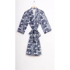 Best Selling Kantha Work Indian Handmade Summer/Spring V-neck Drawstring Closure Cotton Floral Short Kimono Robe Beachwear - Product Image 6