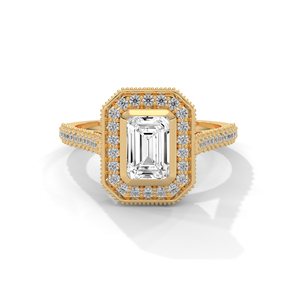 Bague de fiançailles en or avec diamant taille émeraude et halo, style rond brillant, bijoux pour femme - Product Image 1