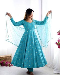 Ensemble de vêtements traditionnels indiens pakistanais pour femmes, Anarkali, brodé, long jusqu'au sol, bleu vert, Salwar Kameez avec Dupatta pour mariage - Product Image 5