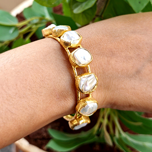 Trendy natural white baroque pearl texture finish double layer cuff <b>bracelet</b> gold plated <b>adjustable</b> open bangle handmade Jewelry - Product Image 4