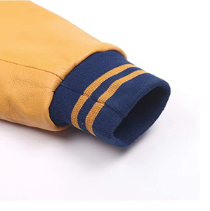 Men's Blue Varsity Jacket With Red Leather Sleeves Stand Collar Preppy Style Autumn Wear - Product Image 4