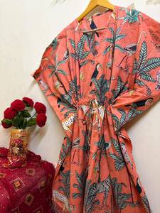 Women's Red Floral Print 100% Cotton Straight Maxi <b>Kaftan</b> <b>Dress</b> V Neck Batwing Sleeves Drawstring Eco-Friendly Breathable Daily - Product Image 4